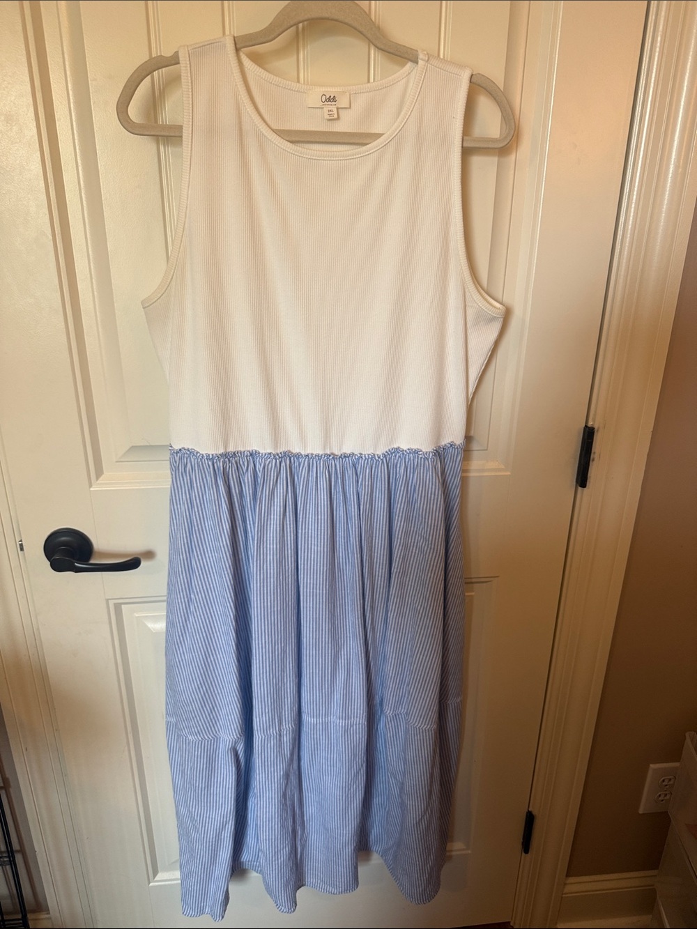 Oddi Navy White & Light Blue Midi Dress with Striped Skirt